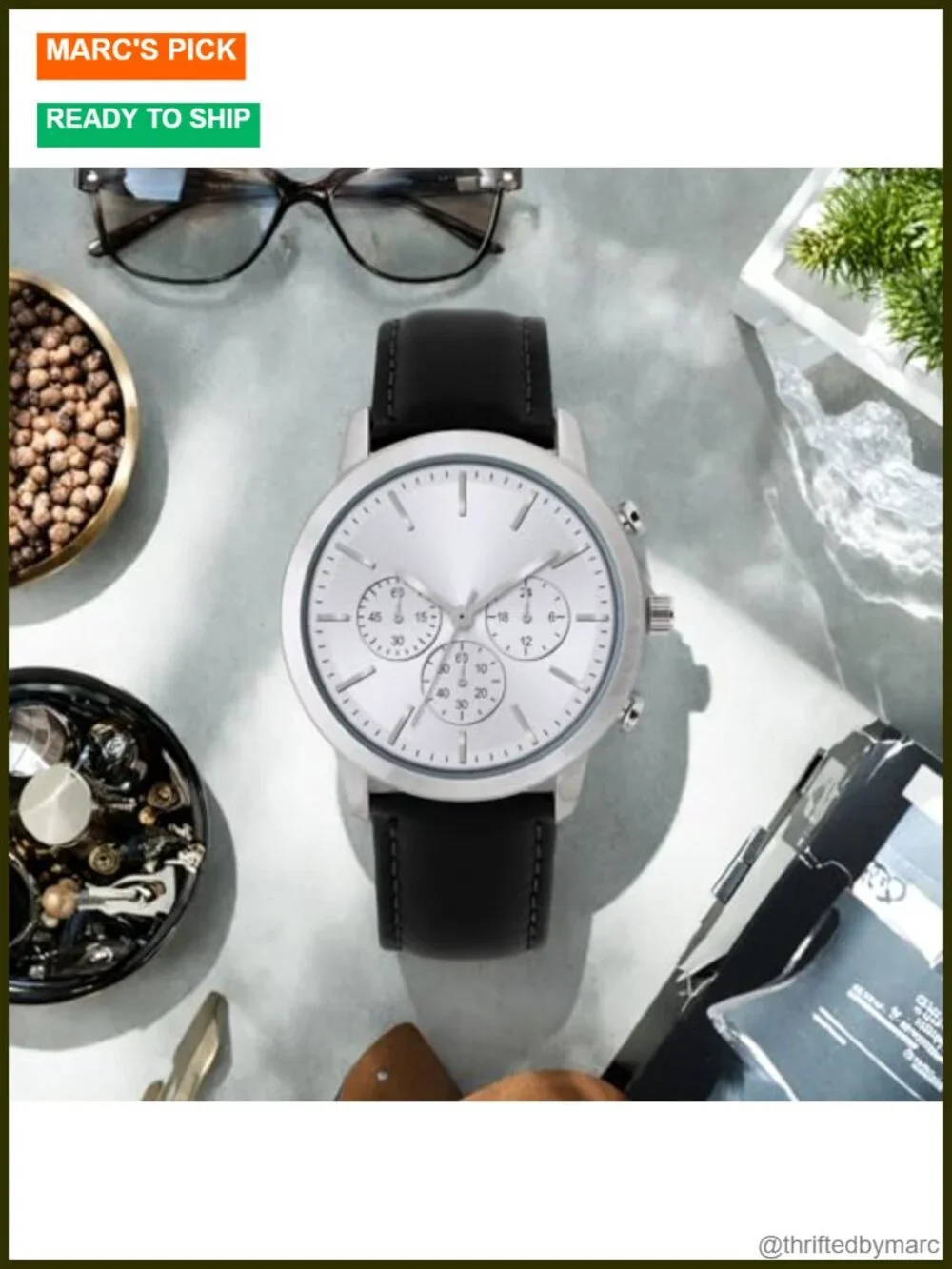 Men's Analog Quartz Watch with Leather Strap, Chronograph Subdials